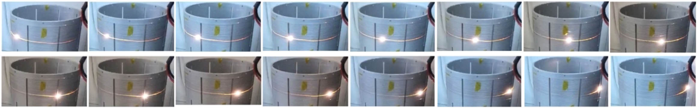 Continuous frames (30 frames per second) of a camera video of the PFF. The cylinder on which the fiber is coiled has a diameter of ∼50 cm.