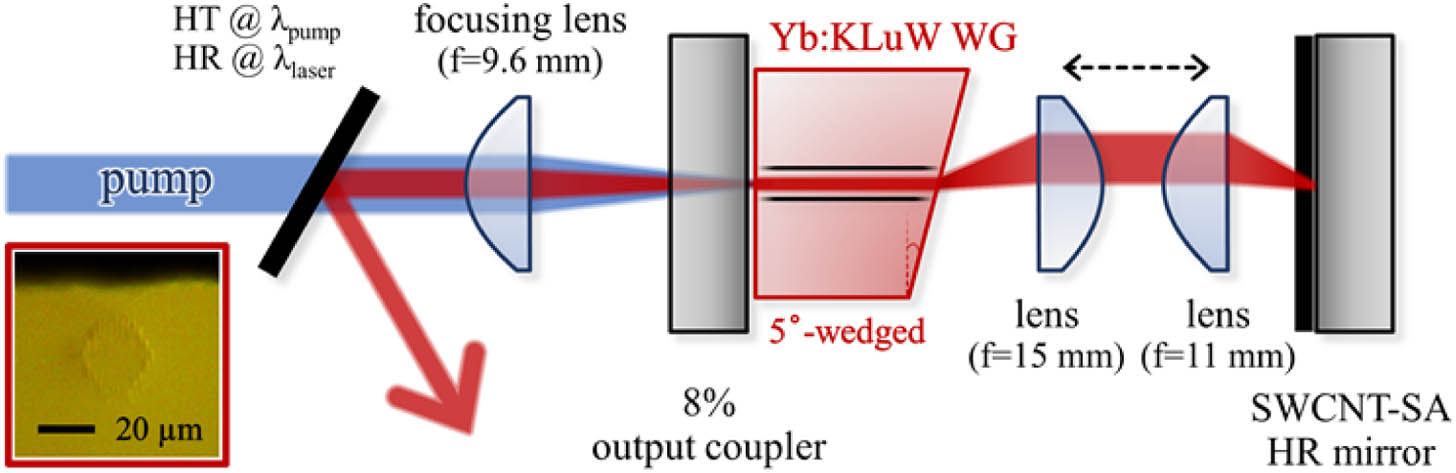Schematic of the Yb:KLuW WG laser for SWCNT-SA mode-locking. The optical microscope image (red box) represents the input channel of the fs-DLW Yb:KLuW WG.