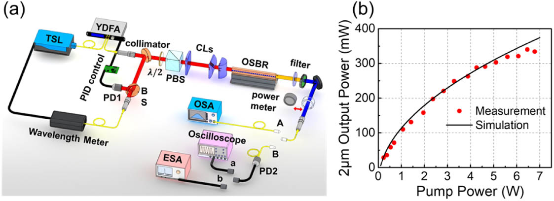 Experimental setup and output power tuning measurement of OSBR. (a) Experimental setup for 2 μm OFC generation. TSL, tunable semiconductor laser; YDFA, ytterbium-doped fiber amplifier; CLs, cylindrical lenses; PD, photodetector; BS, beam splitter; PBS, polarization beam splitter; ESA, electronic spectrum analyzer. (b) The output power of the 2 μm OFC as a function of the pump power. The measured maximum output power exceeds 0.34 W with an OPO threshold of 80 mW and a maximum conversion efficiency of 12.4%.