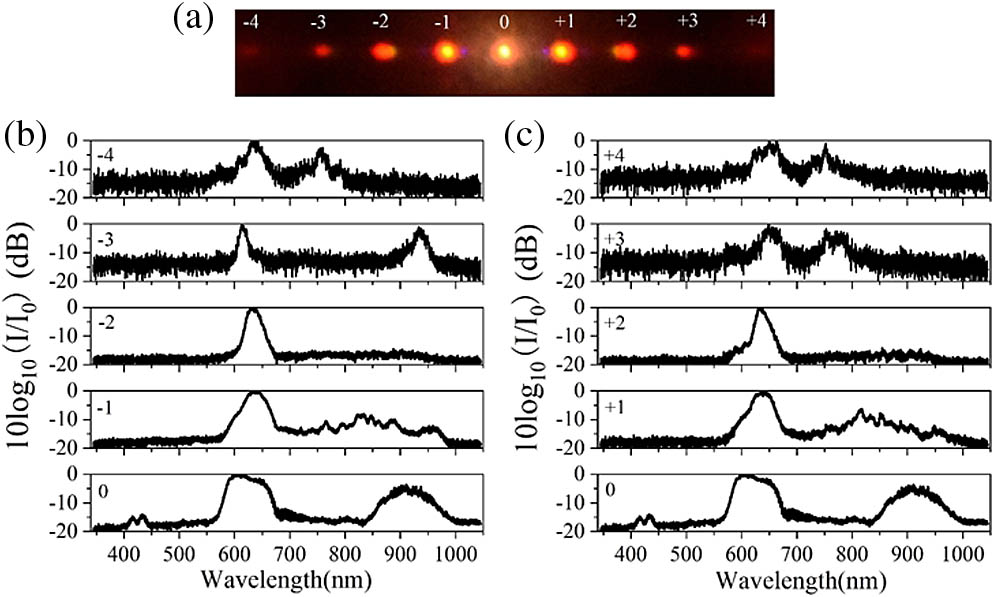 Experimental results of NRND from the PPLN sample. (a) Experimentally recorded multi-order Raman–Nath diffraction patterns in engineered PPLN sample with 1300 nm femtosecond pump laser. (b), (c) Normalized broadband spectra of the Raman–Nath signals emitted from the PPLN sample at different diffraction orders as estimated by a criterion of −20 dB. Note that the spectrum in each panel has been normalized against the maximum value.