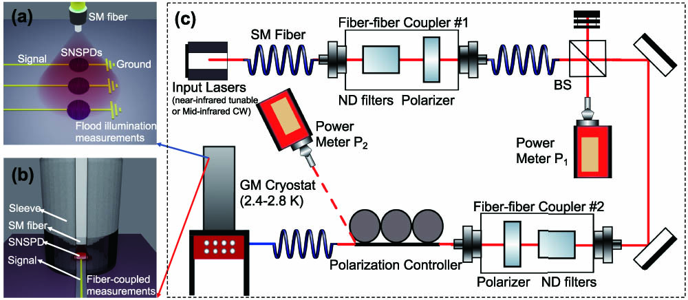 Illustration of (a) detector flood illumination, (b) a fiber-coupled detector, and (c) schematic of the efficiency measurement setup.