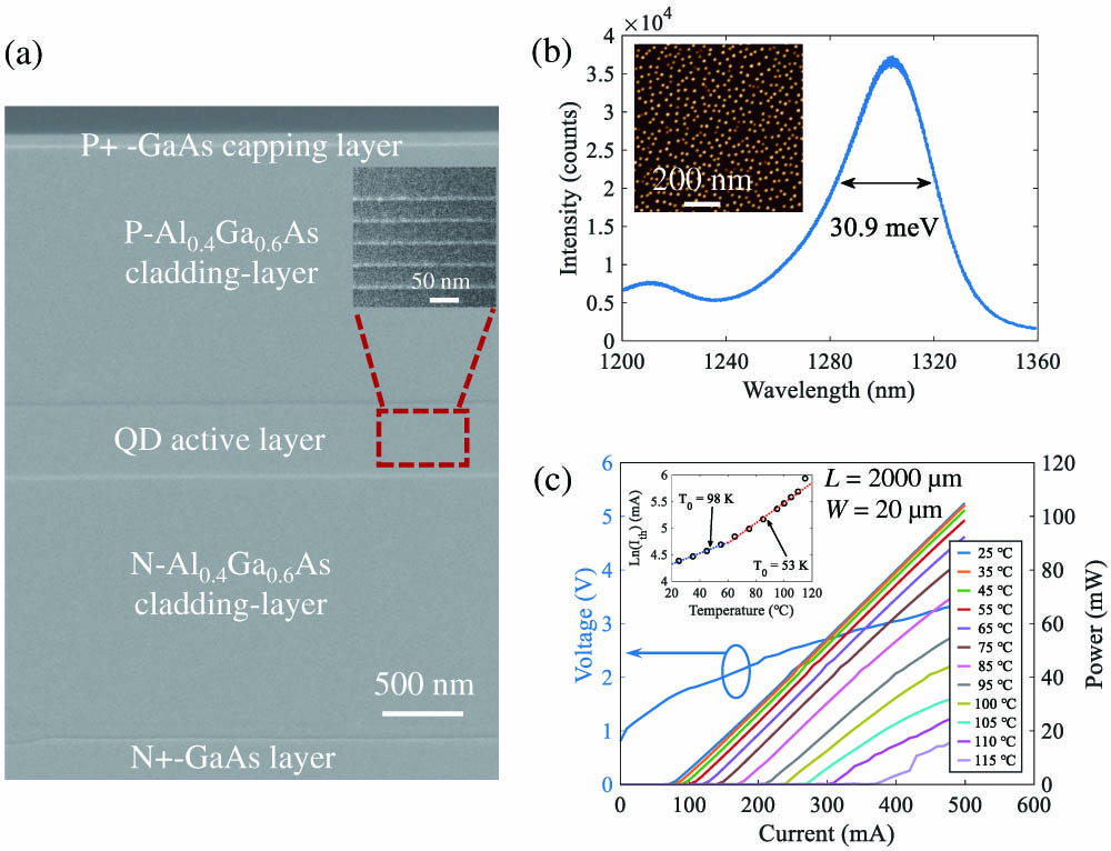 Material properties of InAs/GaAs QD lasers. (a) Cross-sectional scanning electron microscope (SEM) image of layer stack of the epi-wafer. The inset is the transmission electron microscope (TEM) image of the five QD layers. (b) Photoluminescence spectrum of the QD active layers on GaAs. The inset shows the atomic force microscope (AFM) image of an uncapped QD layer. (c) Light–current–voltage (L–I–V) characteristics of the fabricated laser with a length of 2000 μm and its temperature dependence under continuous-wave (CW) condition ranging from 25°C to 115°C. The inset shows the natural logarithm of threshold current versus stage temperature. The dashed line represents linear fitting to the experimental data.