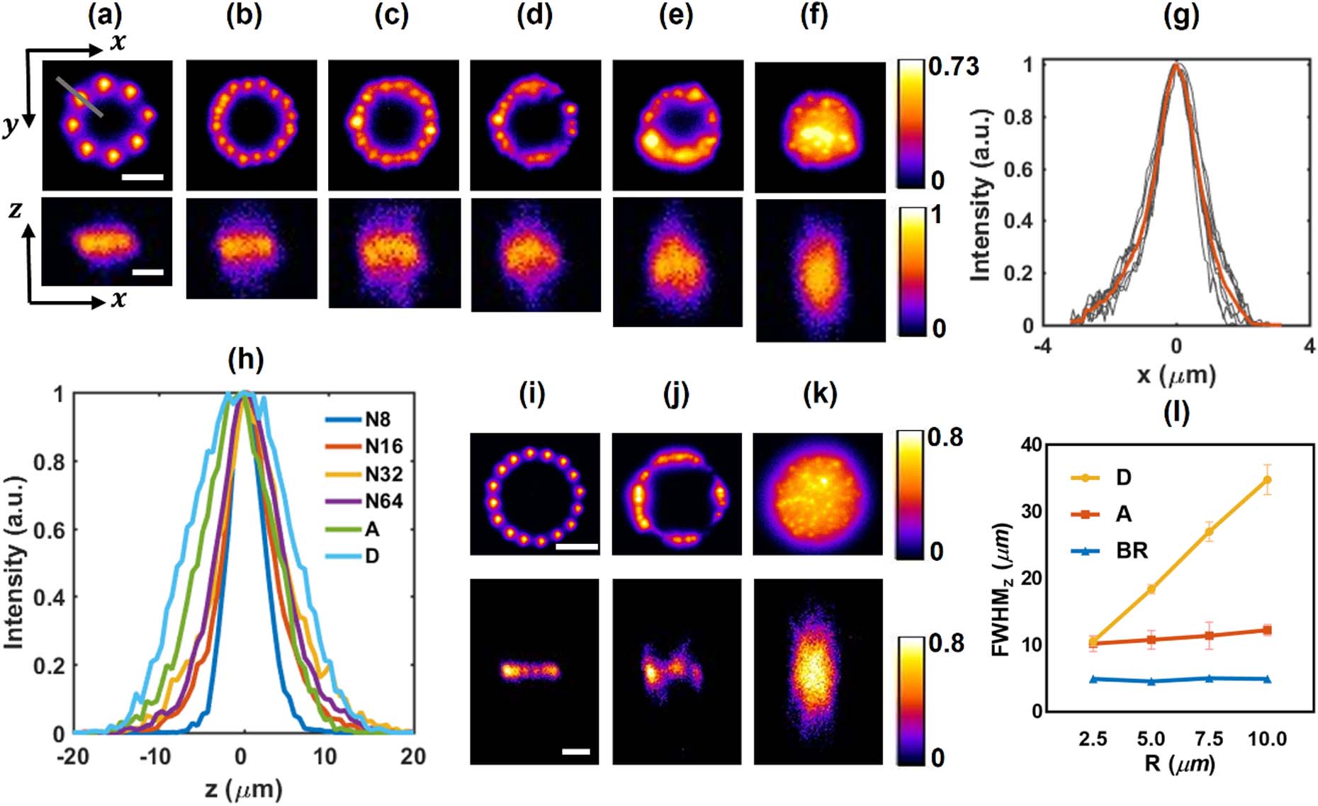 Characterization of generated holographic patterns for a single target stimulation. (a)–(f) Two-photon intensity distributions in xy (upper) and xz (lower) section of beaded ring of 8, 16, 32, and 64 foci, annular, and disk patterns with 5 μm radius, respectively. Scale bar: 5 μm. (g) Lateral intensity distribution of each focus in (a) and the average lateral intensity of all eight foci, labeled with gray and red lines, respectively. (h) Axial intensity distribution of different patterns shown in (a)–(f). N8, beaded-ring pattern of eight foci (N16, N32, and N64 have similar definitions); A, annular pattern; D, disk pattern. (i)–(k) Two-photon intensity distributions in xy (upper) and xz (lower) section of beaded-ring of 16 foci, annular, and disk patterns with 10 μm radius, respectively. Scale bar: 10 μm. (l) Axial resolution of the beaded-ring, annular, and disk patterns with different radii. D, disk pattern; A, annular pattern, BR, beaded-ring pattern. Five patterns of different radii for each type are generated, and the center of each pattern is 20 μm away from the origin. The data shown in (l) are the mean and standard deviation of axial resolutions of five patterns.
