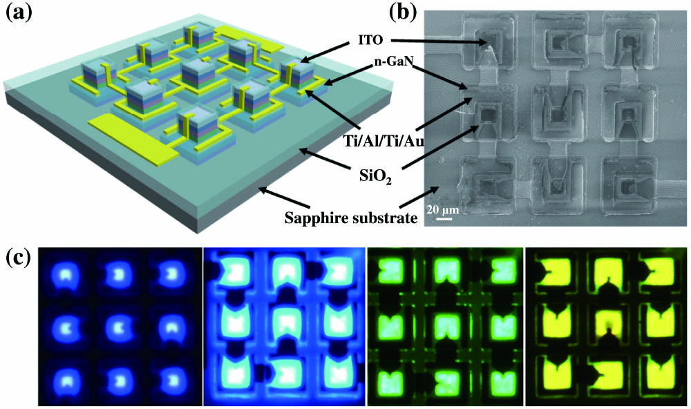 (a) Schematic of GaN-based series connection micro-LED array. (b) Plan-view SEM image of the 20-μm blue GaN-based series connection micro-LED array. (c) Plan-view optical micrograph images of the series connection micro-LED arrays.