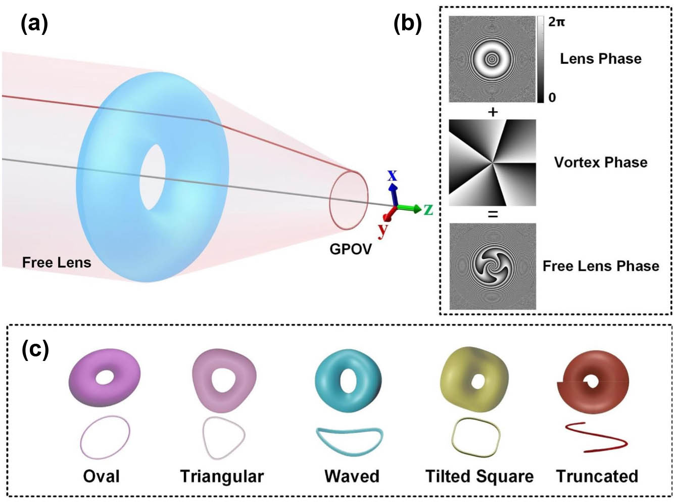 Principle of the FLM method. (a) Abridged general view of the free lens modulation (FLM) method. (b) Superposition of the annular lens and the vortex phase to generate the free lens. (c) Models of various free lenses and the corresponding GPOV profiles.