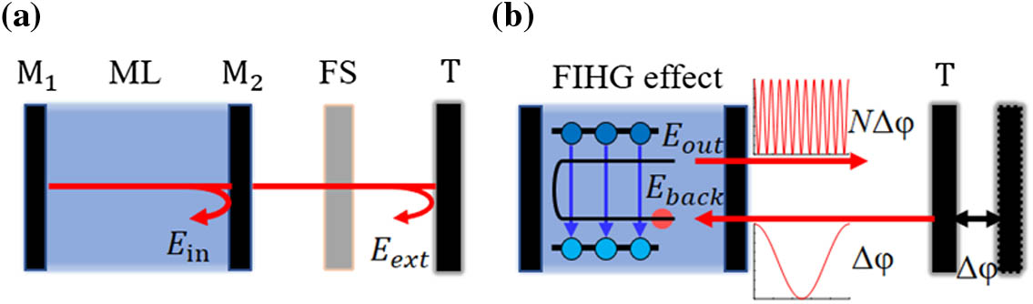 Working model of the laser frequency-shifted feedback system. (a) Working process of the LFFI. ML, microchip laser; M1,M2, resonator mirrors of the ML; FS, frequency-shifter; T, target; Ein, light field reflected by M2; Eext, backscattered light field from the target. (b) Schematic diagram of the phase amplification process of returned light in the LFFI. Eback, light field returned to the laser cavity from the target with the phase change of Δφ; Eout, re-output light field after phase amplification of N times (here, N=11) by the FIHG effect.