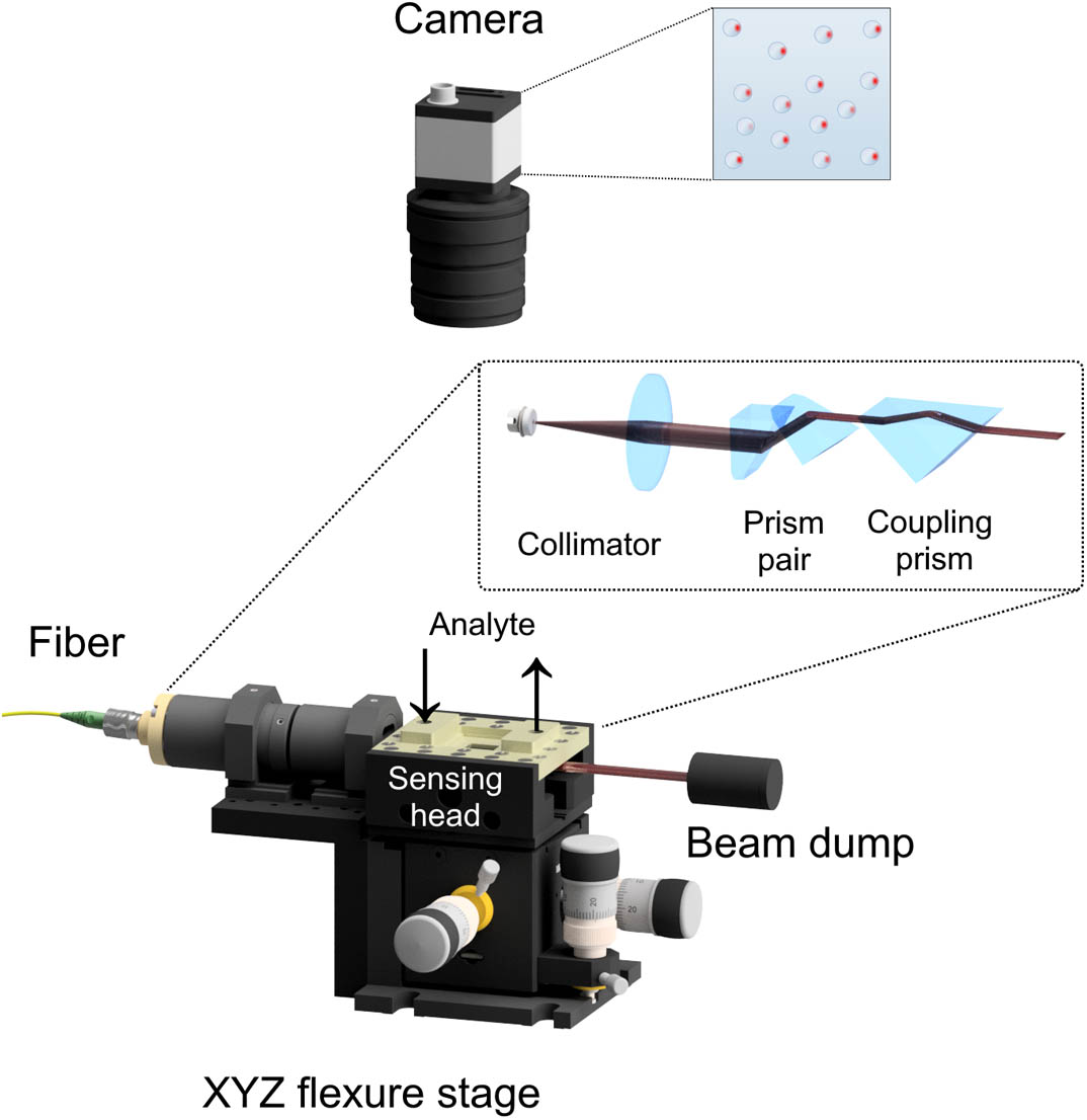 Main components of the sensing instrument for simultaneous collection of the spectral responses from a multiple polymer microresonator. The excitation laser, wavemeter, and components for the fluid selection and pumping are not depicted.