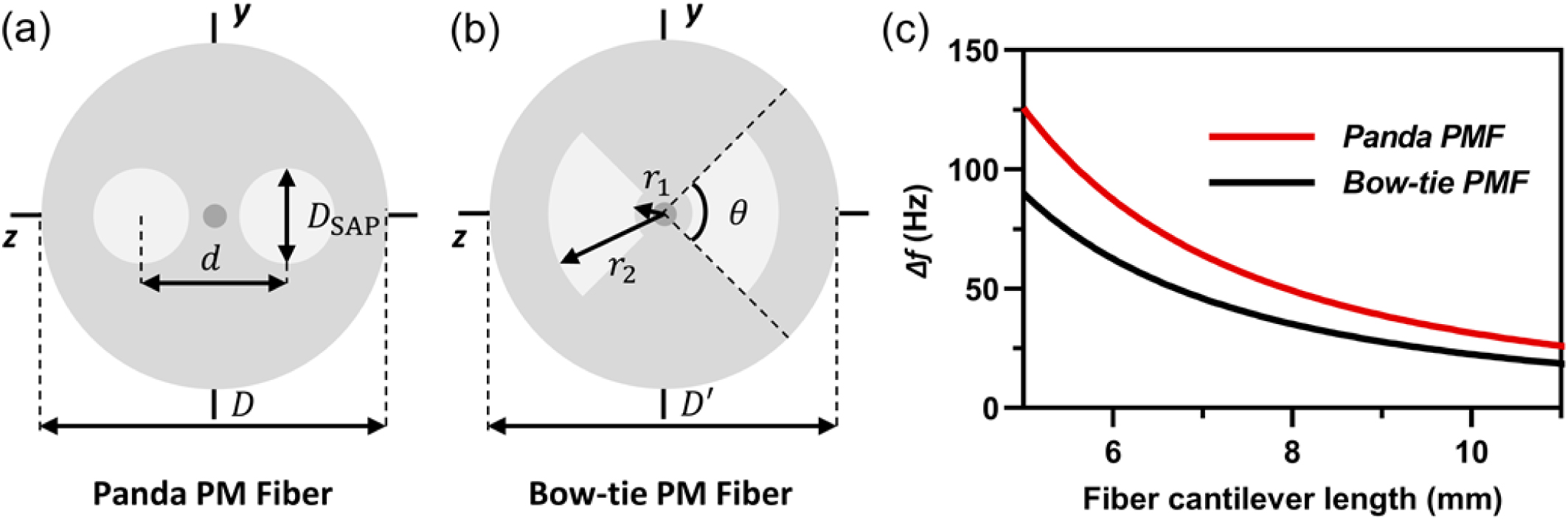Diagrams of the cross sections of the panda and bow-tie PMFs and their first-order natural frequency differences. (a) Cross section of panda PMF, where D, DSAP, and d are the cladding diameter, diameter of the SAPs, and center distance between the two SAPs, respectively. (b) Cross section of the bow-tie PMF, where r1, r2, D′, and θ are the inner and outer diameters of the SAPs, cladding diameter, and angle of the SAPs, respectively. (c) Difference in the first-order natural frequencies of the vibrations along the y-axis and z-axis of the panda and bow-tie PMFs versus the fiber cantilever length.