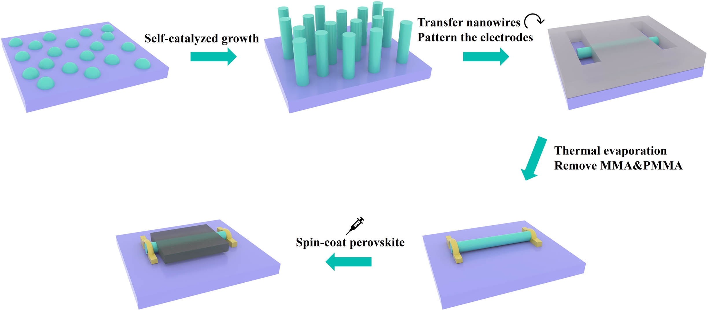 Schematic of the perovskite/GaAs-nanowire hybrid structure photodetector preparation process.