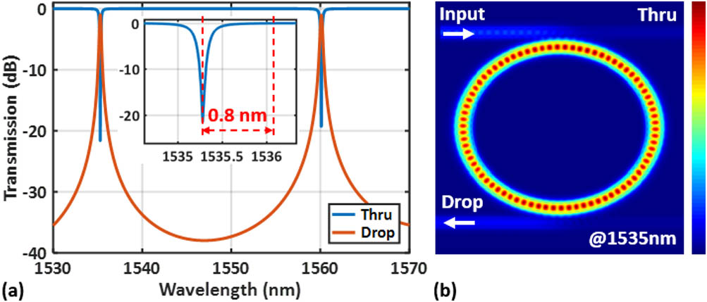 (a) Calculated spectral responses of the designed elliptical microring simulated by the 3D-FDTD method. (b) Simulated light propagation in the MRR working at the resonance wavelength near 1535 nm.