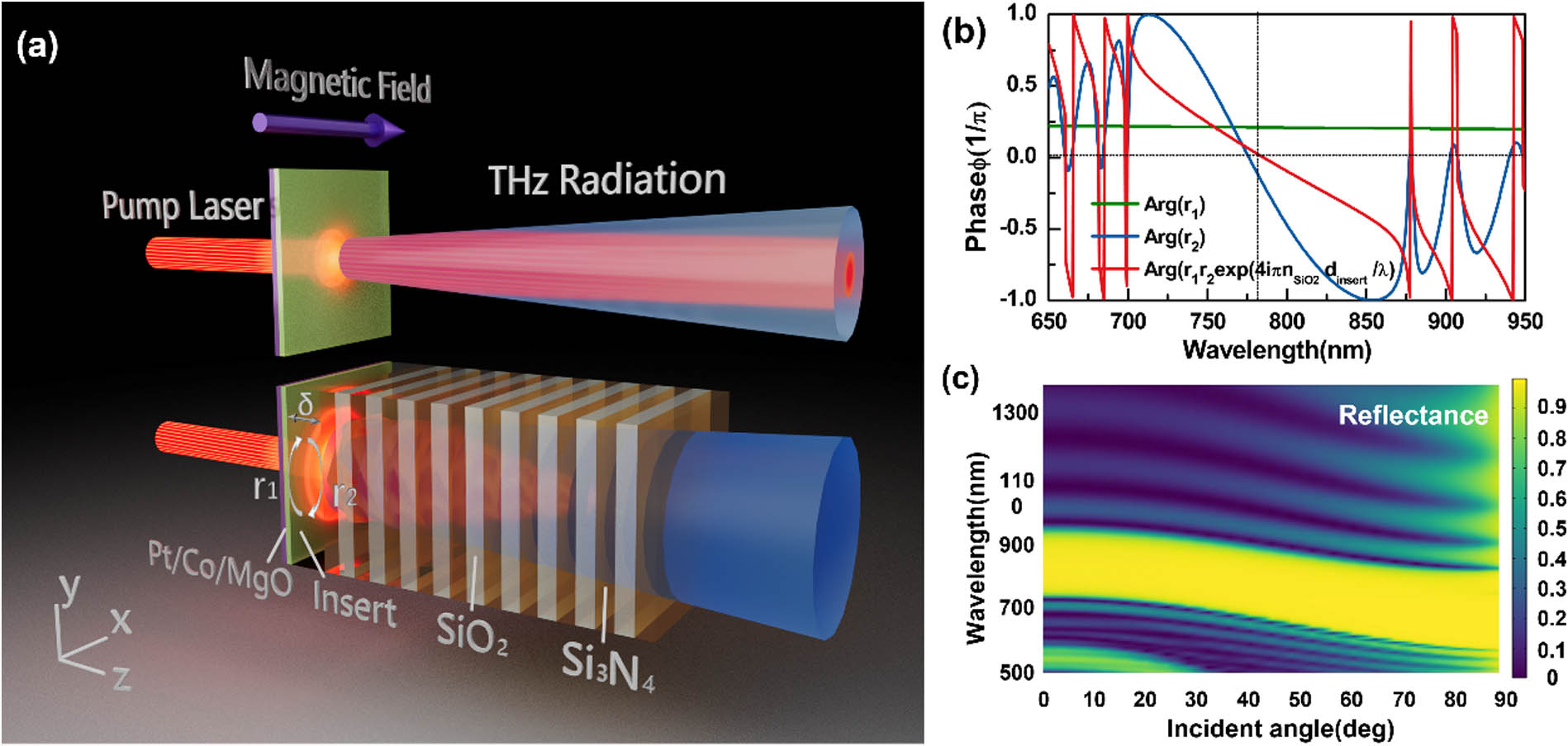 (a) Schematic illustration of the spin thin films without TPC and with TPC structure for THz radiation. (b) Phase of r1, r2, and r1r2 exp[i(4πnSiO2dinsert)/λ] as a function of wavelength, when the thickness of the optical cavity is 57 nm. (c) Simulated reflectance spectra of the dielectric layers as a function of incidence angle and wavelength for TM polarization.