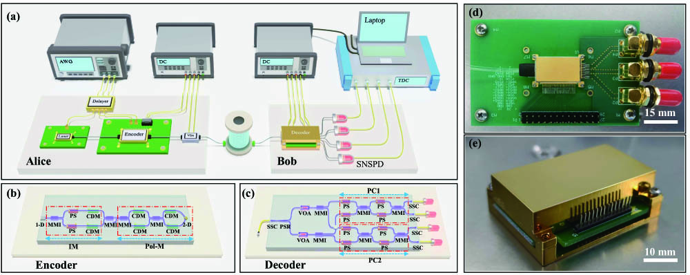 Silicon-based QKD system. (a) Schematic of the QKD setup. Laser, laser diode; Encoder, silicon chip integrating an intensity modulator and a polarization state modulator; VOA, variable optical attenuator; Decoder, polarization state demodulation chip; SNSPD, superconducting nanowire single photon detector; TDC, time digital converter; AWG, arbitrary waveform generator; DC, programmable DC power supply; Delayer, home-made time delay generator. (b) Schematic of the encoder. MMI, multimode interferometer; PS, thermo-phase shifter; CDM, carrier-depletion modulator; 1-D, one-dimensional grating coupler; 2-D, two-dimensional grating coupler; IM, intensity modulator; Pol-M, polarization modulator. (c) Schematic of the decoder. SSC, spot-size converter; PSR, polarization splitter-rotator. (d) Picture of the packaged encoder chip soldered to the external control board. (e) Picture of the packaged decoder chip soldered to the external control board.
