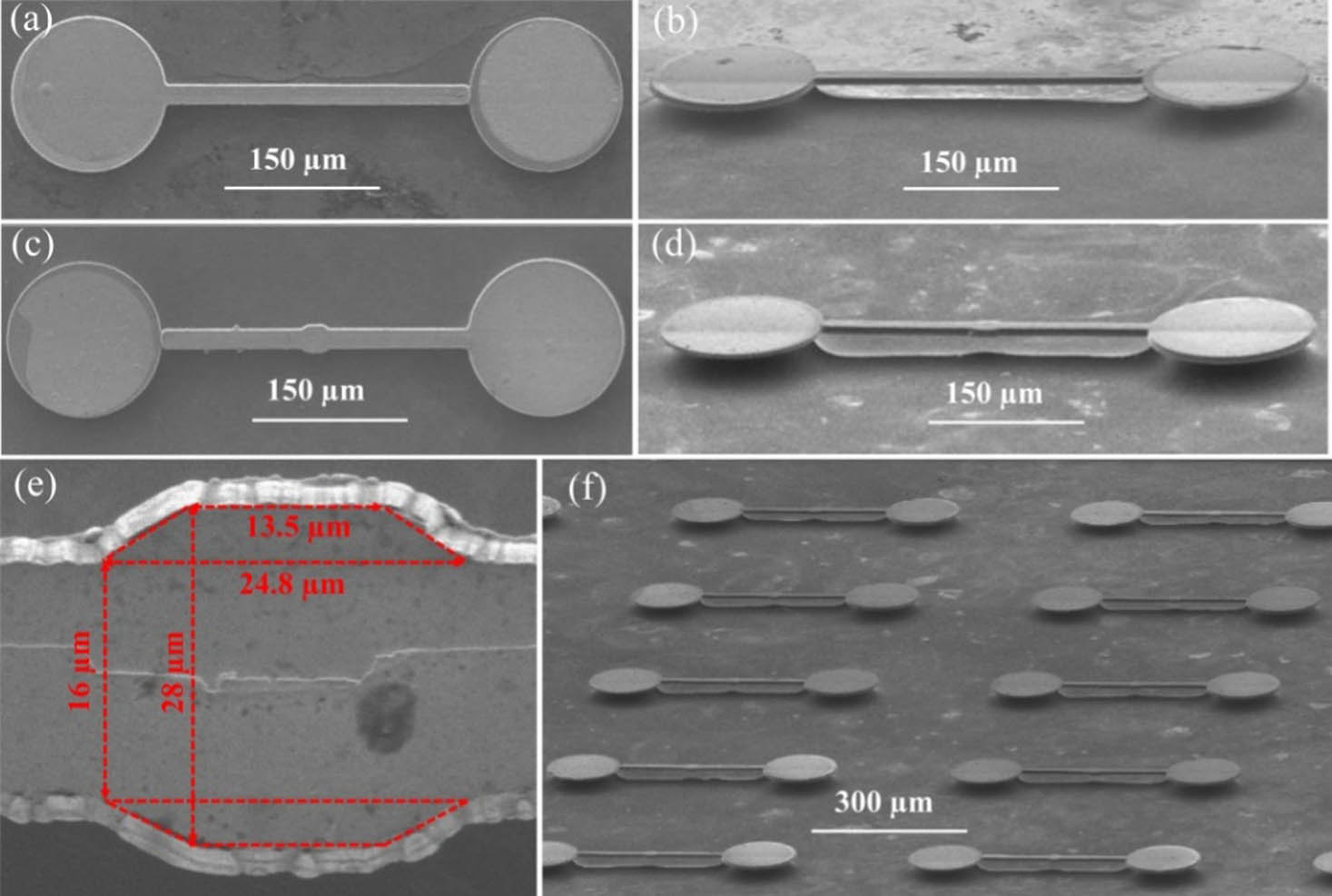 SEM images of GaN-LED accelerometer with beam structure. (a) Top view of type I device; (b) side view of type I device; (c) top view of type II device; (d) side view of type II device; (e) enlarged image of the top view of sensitive mass block; (f) array of type II device.