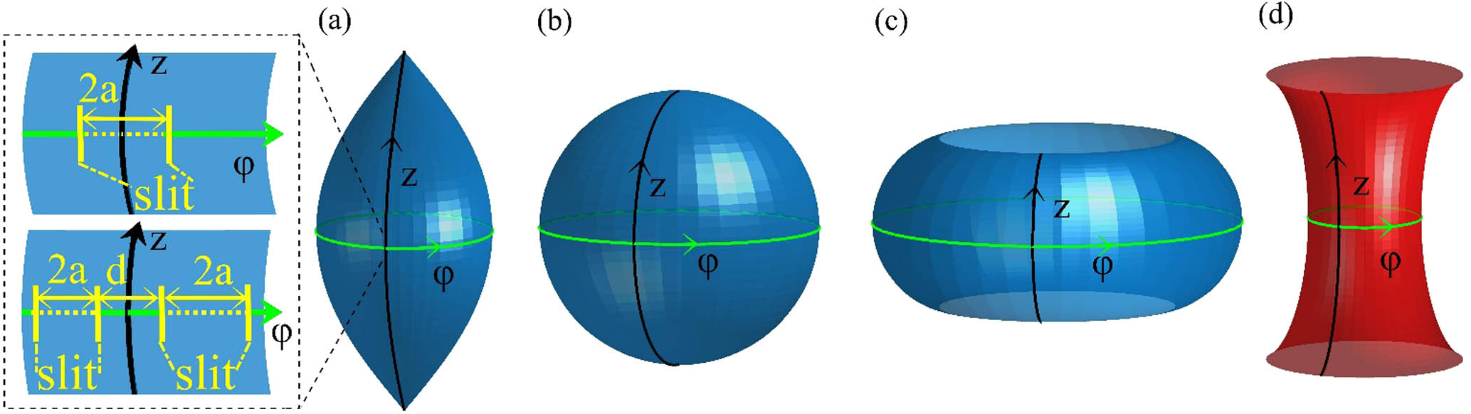 SORs with constant (a)–(c) positive and (d) negative Gaussian curvature K. Here (a) spindle with r0<R, (b) sphere with r0=R, and (c) bulge with r0>R, where R=|K|−12 is the radius of Gaussian curvature, and r0 is an initial rotational radius (or radius of equator) at z=0. The black/green solid lines are the lines of longitude/equator. The inset on the left side of (a) shows the schematic of a single slit (up) and double slits (down) on surface, which are located at the equator (z=0).