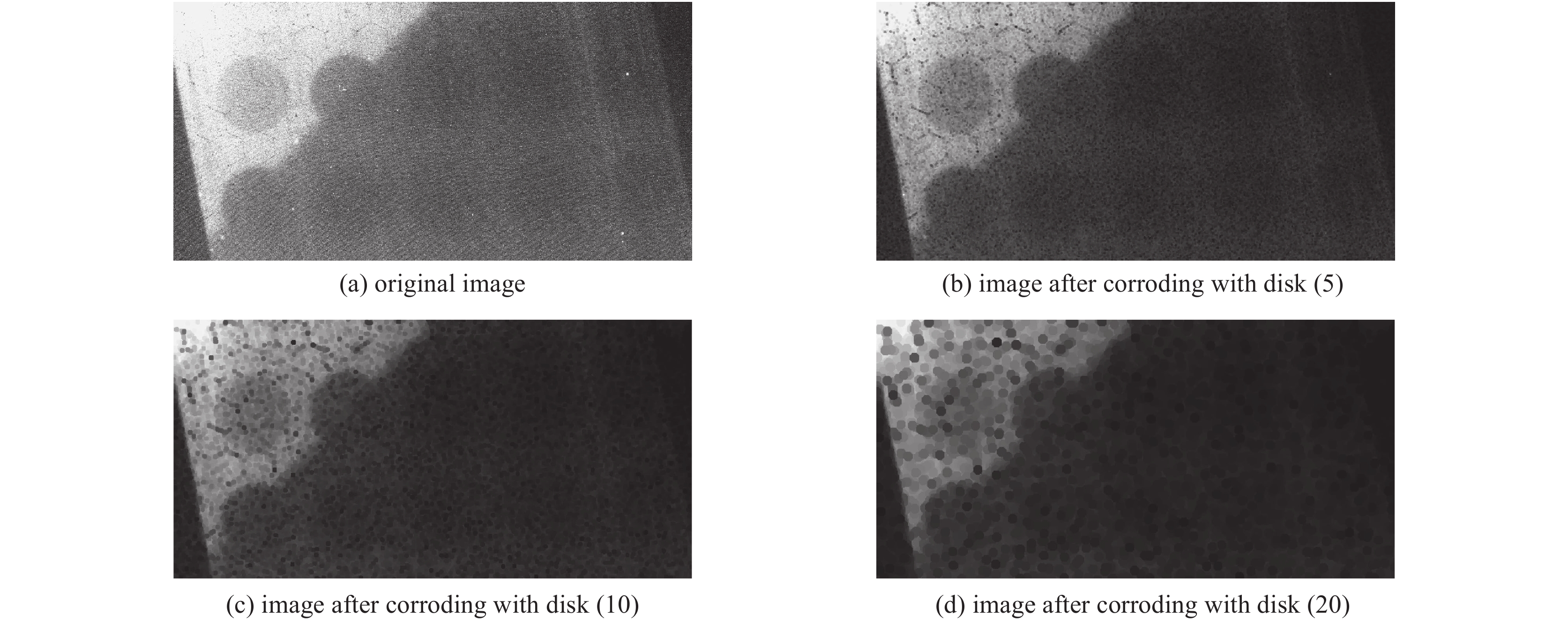 Bremsstrahlung backlit imaging (original image, corrosion of flat disc structure with radius of 5, 10 and 20 pixel respectively)