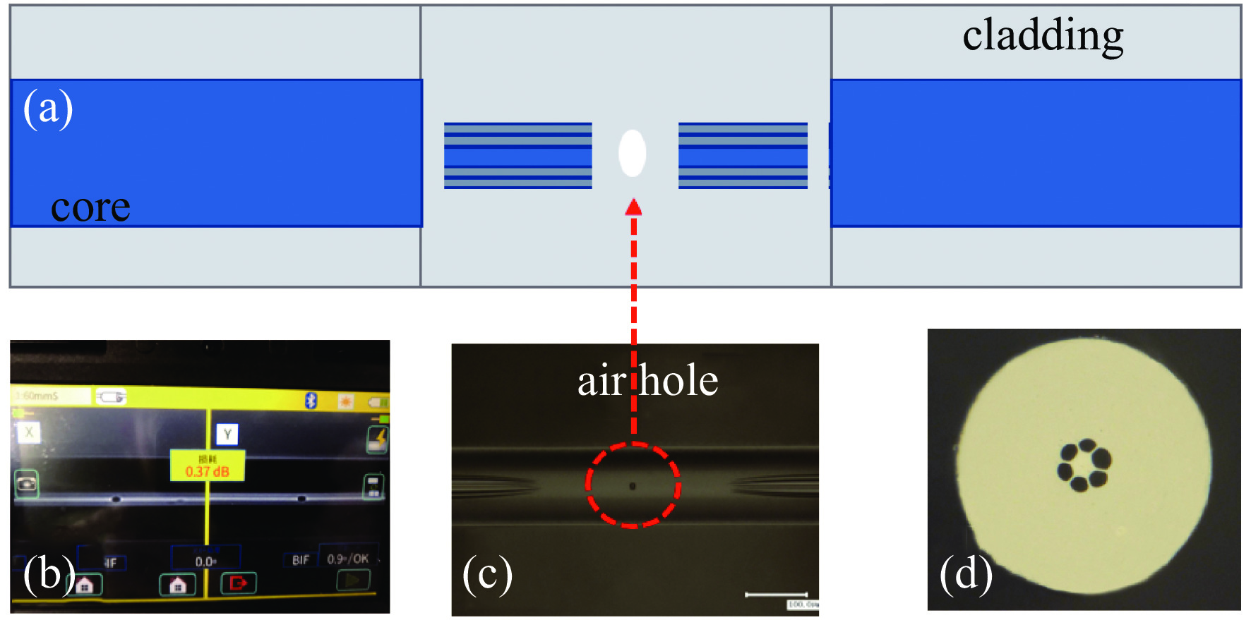 (a) Schematic diagram of the sensing structure, (b) splicing diagram of air holes introduced between PCFs, (c) optical microscope image of the collapsed area and air holes between two PCFs, (d) surface microscopic image of the grapefruit-shaped PCF end