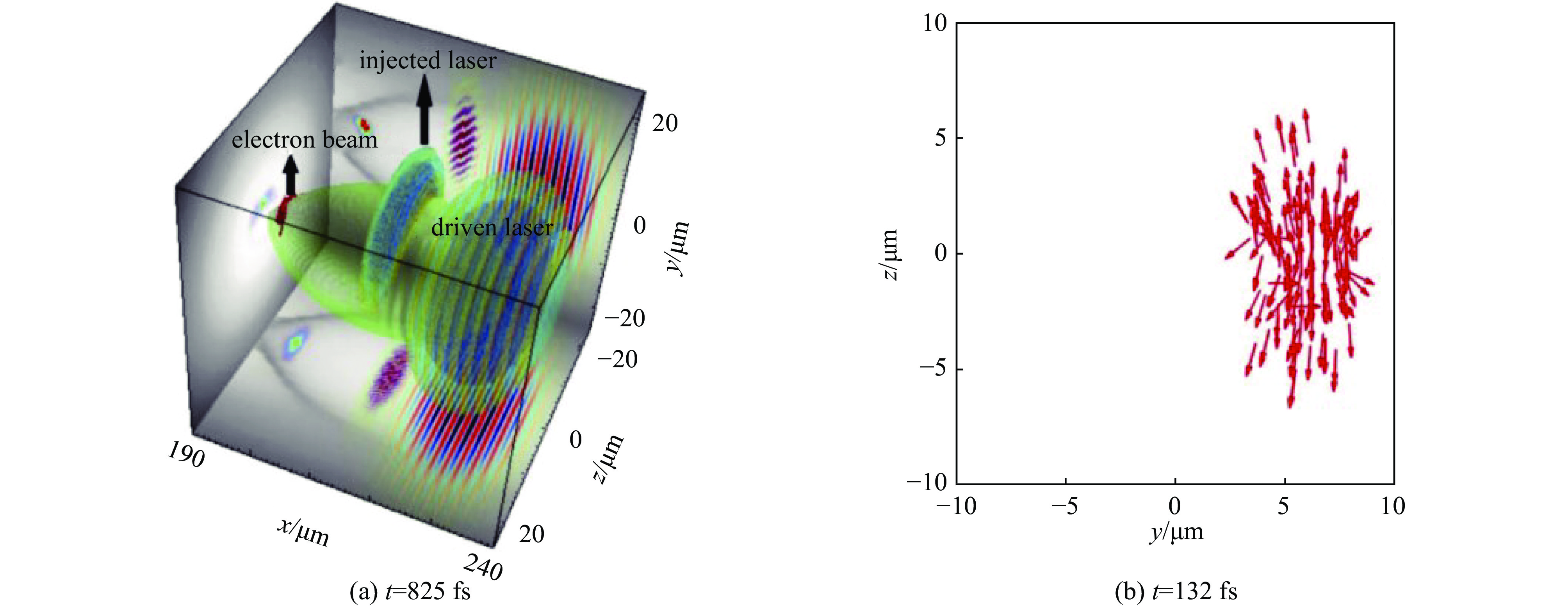 (a) Spatial distributions of the plasma wake (green iso-surfaces), the injected electron beam (red points), the electric fields of the drive and injection lasers (blue-red-orange-green iso-surfaces) at t = 825 fs. (b) Momentum distribution of the accelerated electrons at the ionization time of t = 132 fs[37]