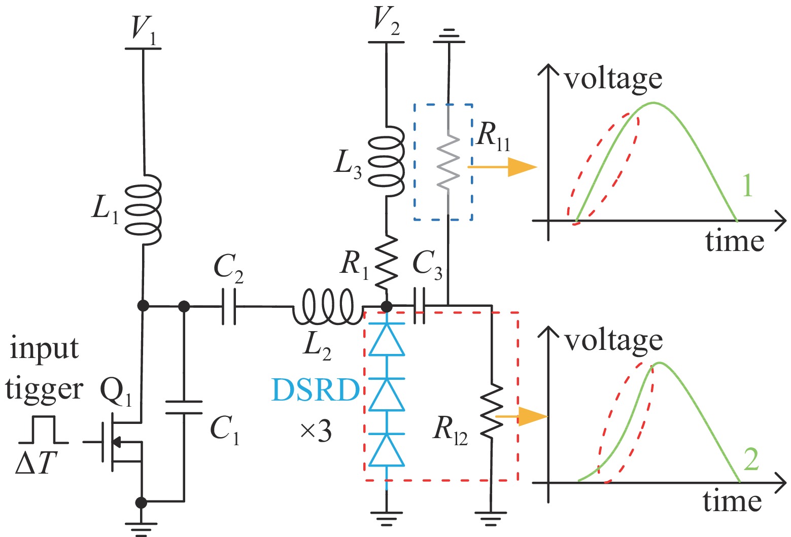 DSRD based pulse sharpening circuit (red and blue frames are not connected simultaneously)