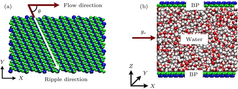(a) Monolayer black phosphorus models, chiral angle θis the intersection angle between water flow direction adjacent the top plate and the ripple direction of BP monolayer; (b) poiseuille flow model of water molecules in black phosphorus nanochannels.(a)单层黑磷模型图, 其中手性角度θ指黑磷褶皱方向与水分子流动方向夹角; (b)黑磷纳米通道内水分子流动的Poiseuille流模型图