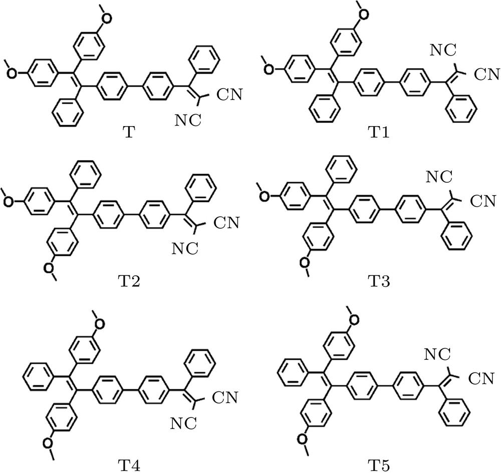 Chemical structures of T and T1−T5 molecules.T和T1−T5分子的化学结构式
