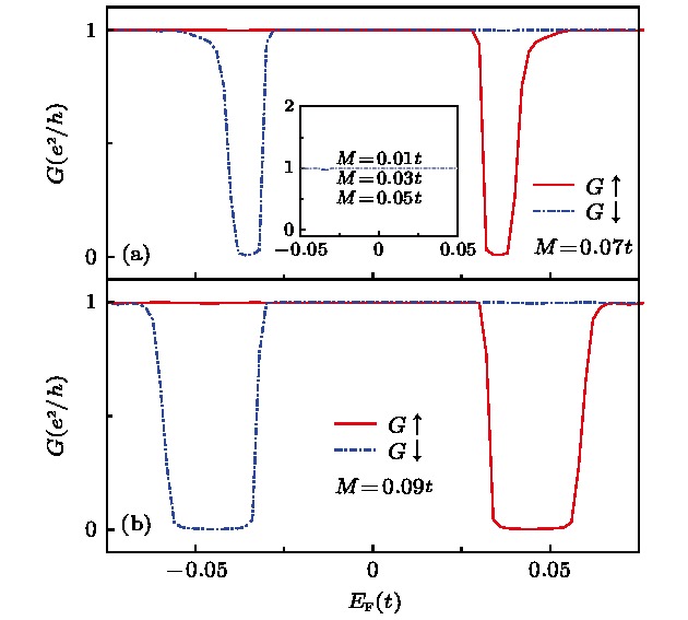 Relationship between the conductance G and electron Fermi energy when applying different values of local exchange field M: (a) Spin-dependent conductance with M = 0.01t, 0.03t, 0.05t, 0.07t; (b) spin-dependent conductance with M = 0.09t. The red solid line represents spin-up electrons and the blue dash line represents spin-down electrons.施加不同强度的局域交换场M时, 电导G与电子费米能量之间的关系(红色实线表示自旋向上的电子, 蓝色虚线表示自旋向下的电子) (a) M = 0.01t, 0.03t, 0.05t, 0.07t时的自旋相关电导; (b) M = 0.09t时的自旋相关电导