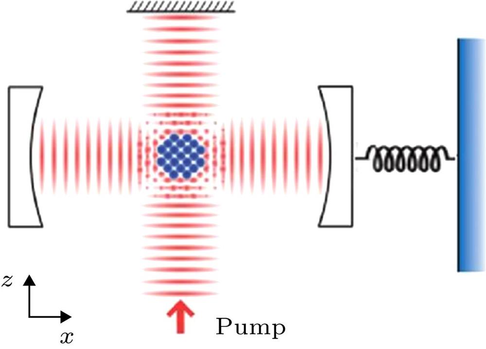 Experimental setup for an ultra-cold atoms trapped inside a high-finesse optical cavity driven by a pump laser in the z direction. While, a nanomechanical oscillator interacts with the optical cavity in the x direction.将超冷原子囚禁在超精细的光腔内, 在z方向注入一束泵浦光, 并且在x方向外加一个与光腔发生相互作用的纳米机械振子