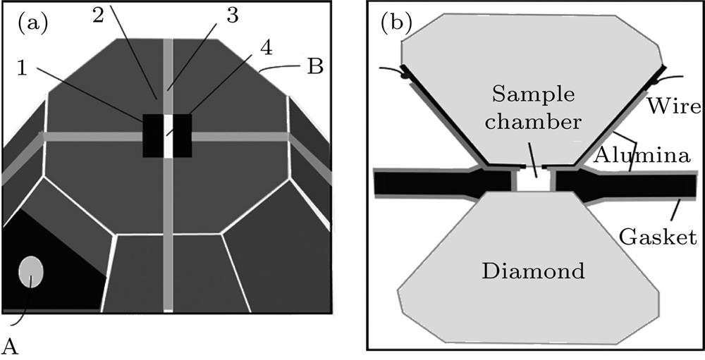 (a) The configuration of a complete microcircuit on a diamond anvil: 1-the Mo electrodes, 2-the Al2O3 layer deposited on the Mo film, 3-the Al2O3 layer deposited on the diamond anvil, 4-exposed diamond anvil, A and B are the contact ends of the microcircuit; (b) the cross section of the designed diamond-anvil-cell.(a) 金刚石砧面上微电路结构示意图, 1-钼电极, 2-在钼膜上沉积的Al2O3绝缘层, 3-沉积到金刚石砧面上的Al2O3, 4-裸露的金刚石砧面, A和B为微电路的接触端; (b) 金刚石对顶砧的剖面示意图