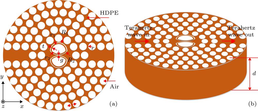 (a) 2D structure of the terahertz wave sensor based on the circular photonic crystal; (b) 3D structure of the sensor.圆形光子晶体太赫兹波传感器 (a)二维结构; (b)三维结构
