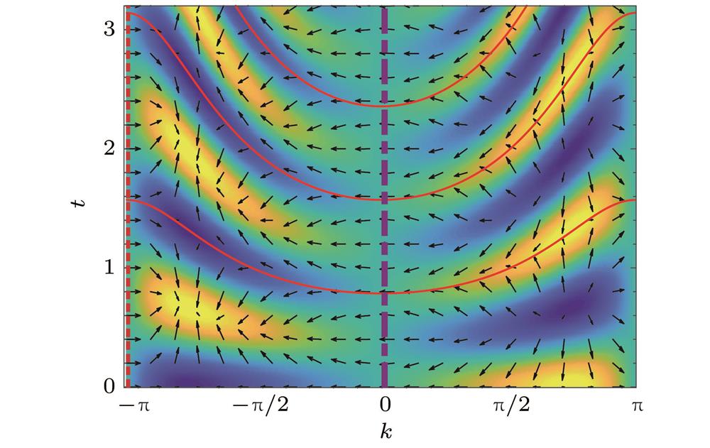 Momentum-time skyrmions when pre- and post-quench Hamiltonians possess different winding numbers.淬火前后哈密顿量具有不同拓扑数时的典型斯格明子结构. 黑色箭头为自旋在平面内方向, 背景颜色对应自旋在与平面垂直方向上的分量大小, 蓝色对应向内, 黄色对应向外. 竖直虚线为不动点位置, 红色实线表示不同动量点的周期