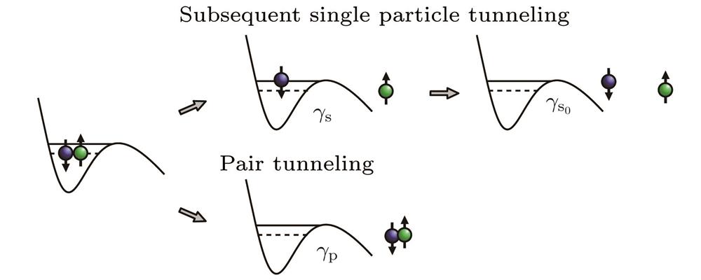 The loss processes include two tunneling processes of two atoms out of a metastable potential: subsequent single-particle tunneling and direct pair tunneling (Reproduced with permission from Ref. [25]).双原子的两种隧穿过程: 单原子次序隧穿及两原子配对隧穿. 本图摘自参考文献[25]