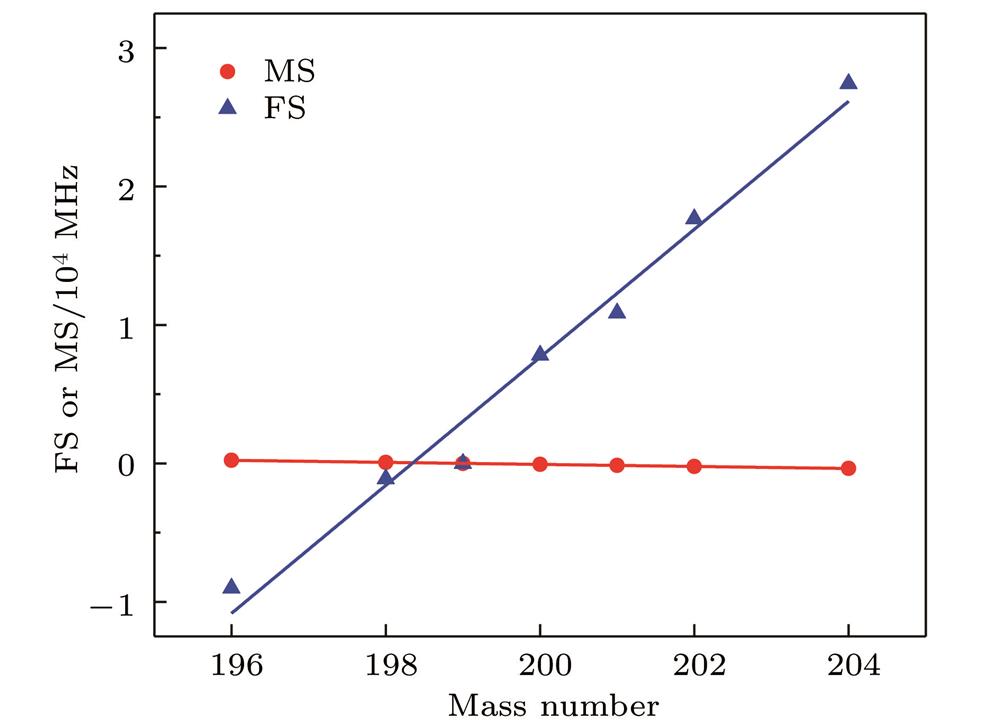 Trends of field shift and mass shift for the 5d106s 2S1/2→5d96s2 2D5/2 transition in mercury isotope ions with respect to 199Hg+ as the increase of mass number.汞同位素离子5d106s 2S1/2→5d96s2 2D5/2跃迁相对于199Hg+离子的FS和MS随质量数变化的趋势