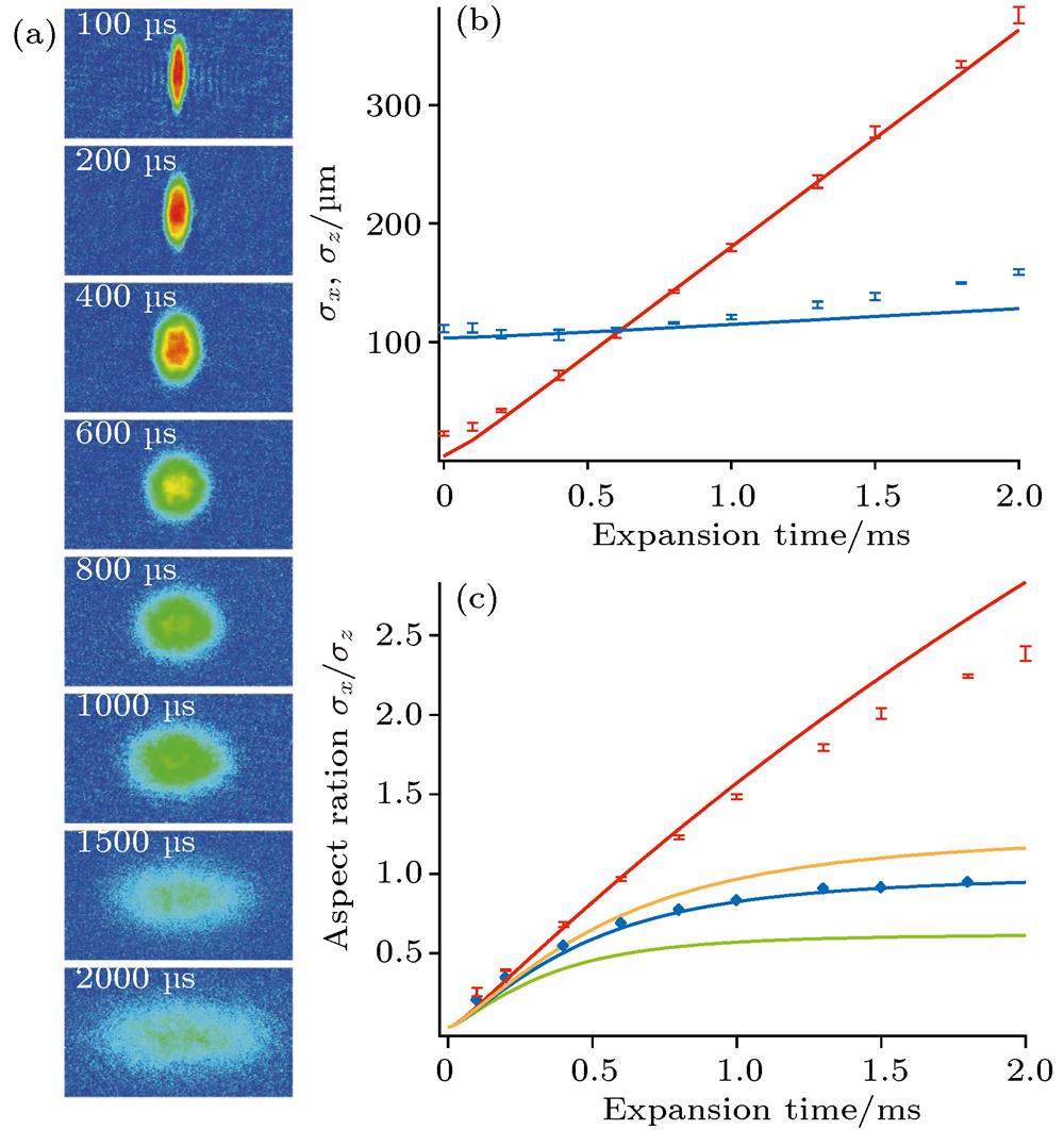 (a)The absorption image of the anisotropic expansion dynamics in strongly interacting Fermi gas; (b) the non-equilibrium dynamical expansion behavior in different directions; (c) the evolution for the aspect ratio of the atomic cloud under different interaction regime[2].(a)强相互作用超冷费米气体的各向异性膨胀吸收成像图; (b)原子团不同方向的非平衡动力学膨胀行为; (c)不同相互作用下原子团的纵横比大小演化图[2]