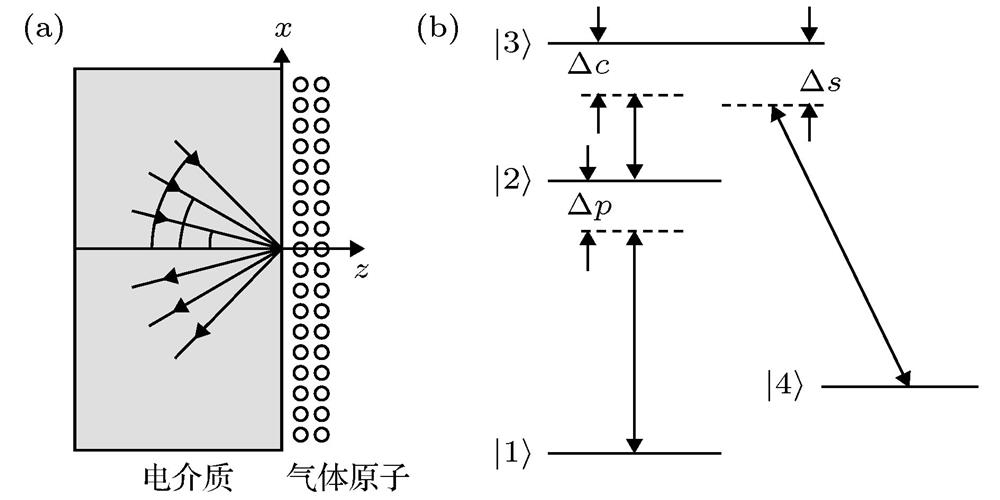 Gas-solid interface with a probe field, a signal field and a coupling field (a) and level diagram of quasi lambda-type four-level atomic system (b)(a)探测场、信号场和耦合场入射到气固界面示意图; (b)准型四能级原子系统能级示意图