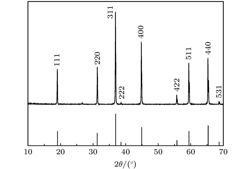 X-ray diffraction patterns of the as-grown Ti:MgAl2O4 crystal and MgAl2O4 standard patterns (JCPDS, no. 77-0435).Ti:MgAl2O4晶体的粉末衍射图和MgAl2O4晶体的标准谱图(JCPDS, no. 77-0435)