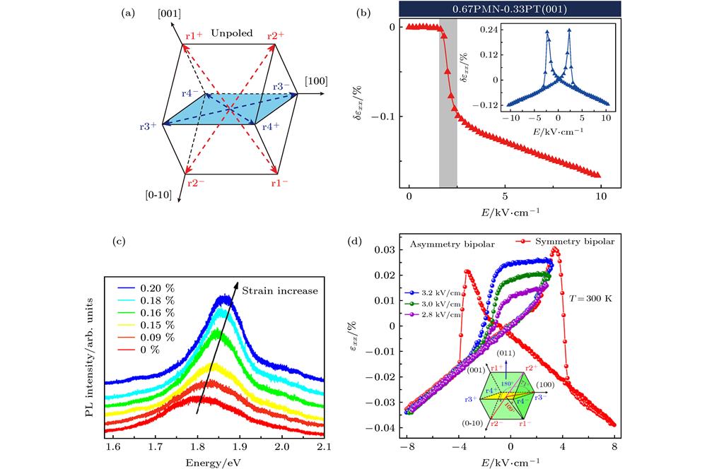(a) The eight possible polarization directions for an unpoled PMN-PT single crystal: r1+, r2+, r3+, r4+, r1–, r2–, r3–, r4–[12]; (b) εxx – E curves for PMN-PT(001) single crystals[13]; (c) photoluminescence spectra of the MoS2 under various strains[11]; (d) εxx – E curves for PMN-PT(011) single crystals[15].(a) PMN-PT未被极化时具有8个自发极化方向: r1+, r2+, r3+, r4+, r1–, r2–, r3–, r4–[12]; (b) PMN-PT(001)单晶的应变-电场曲线[13]; (c) 不同应变状态下, MoS2的光致发光谱[11]; (d) 不同外加电场下, PMN-PT(011)单晶的应变-电场曲线[15]