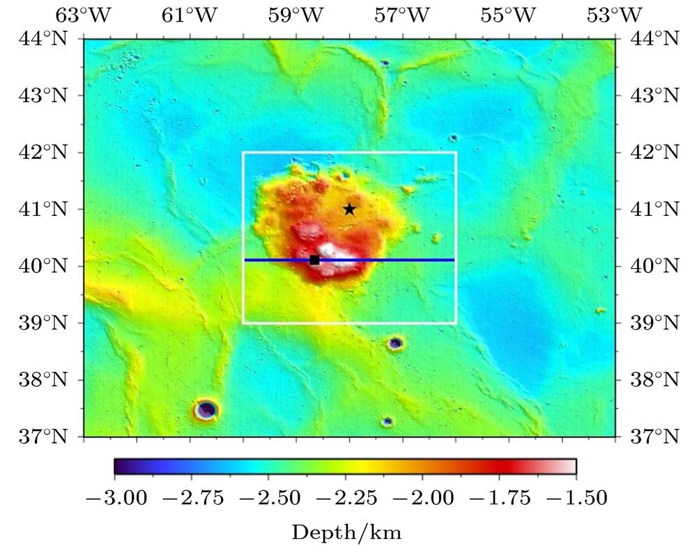 Topography around Mons Rümker region, which is figured out with a white box. The black box indicates the candidate landing site of CE-5 proposed by reference [10], and this site is centered at (303.34ºE, 40.11ºN)