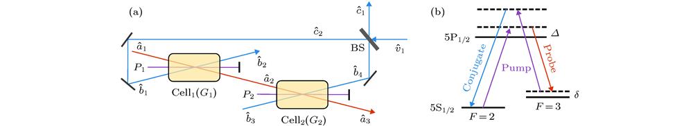 (a) The scheme of coherent feedback control system based on the cascade four wave mixing processes; (b) The Double-Λ type transition energy-level diagram of 85Rb D1 line. ∆ corresponds to one-photon detuning, δ corresponds to two-photon detuning.