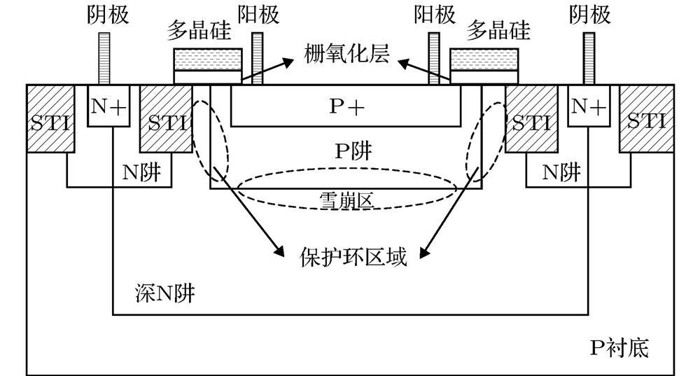 Structure of the P+/P-well/deep N-well SPAD device with polysilicon field plate.