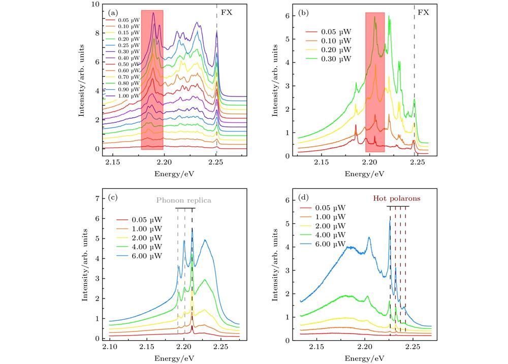 Power dependent PL spectra of different nanowires at 4.2 K: (a) PL spectra from free excitons and defect states with broader linewidth; (b) PL spectra from free excitons and defect states with narrow linewidth; (c) PL spectra from trapped exciton and its phonon replica at lower energy side with a phonon energy of 9.5 meV; (d) PL spectra from trapped excitons and hot polarons at higher energy side with a phonon energy of 5.4 meV.