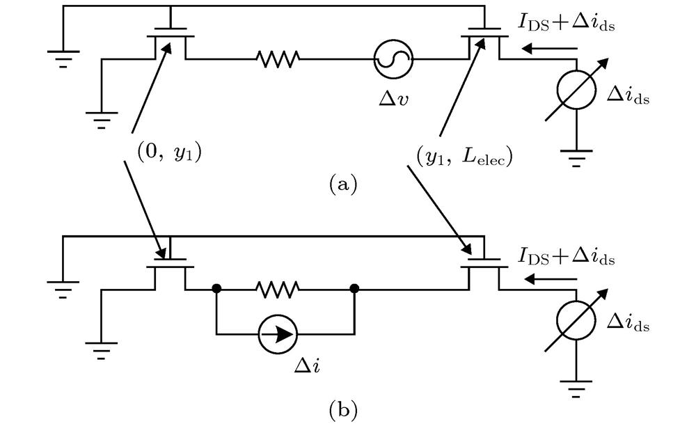 Schematic diagram of the transistor with a fictitious dc source in the channel.