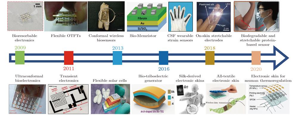 The timeline of the development of silk-based advanced materials for soft electronics: Bioresorbable electronics[3] (2009); ultraconformal bioelectronics[21](2010); flexible OTFTs[22] (2011); transient electronics[22](2012); conformal wireless biosensors[22](2012); flexible solar cells[31] (2014); bio-triboelectric generator[31] (2015); bio-memristor[33] (2015); carbonized silk fabric (CSF) wearable strain sensors[34] (2016); silk-derived carbon based E-skins[35] (2017); on-skin stretchable electrodes[36] (2018); biodegradable and stretchable protein-based sensor[37] (2019); all-textile electronic skin[38] (2019); electronic skin for human thermoregulation[39] (2020).