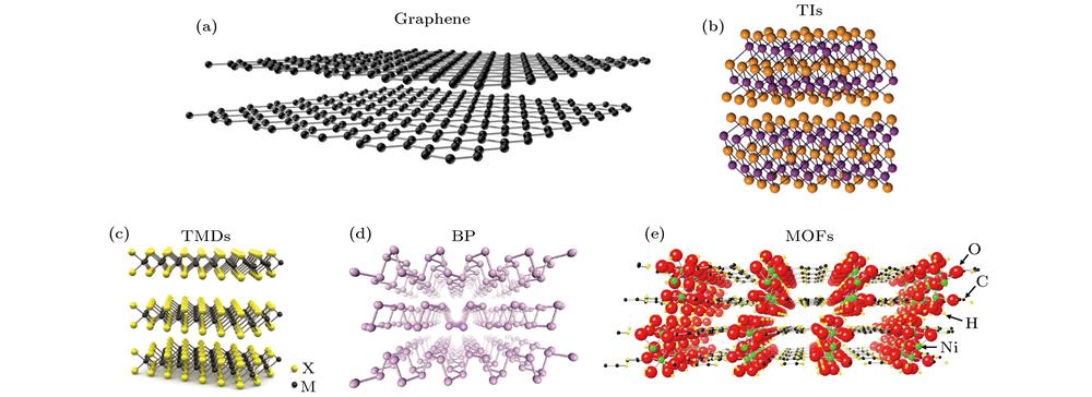 Atomic structures of two-dimensional (2D) materials: (a) Graphene[19]; (b) TIs[23]; (c) TMDs[28,29]; (d) BP[36]; (e) MOFs[41].