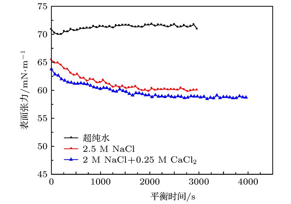 Salinity effects on the dynamic and steady state IFT when the DM coverage is 1.5 μmol/m2 with the NPs concentration is 1.0 wt.%.1.5 μmol/m2 DM 纳米颗粒(1.0 wt.%)在不同浓度盐水中的动态表面张力