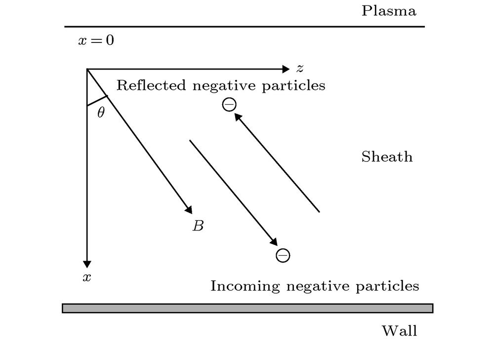 Geometry of the electronegative magnetized plasma sheath model.电负性等离子体磁鞘模型示意图