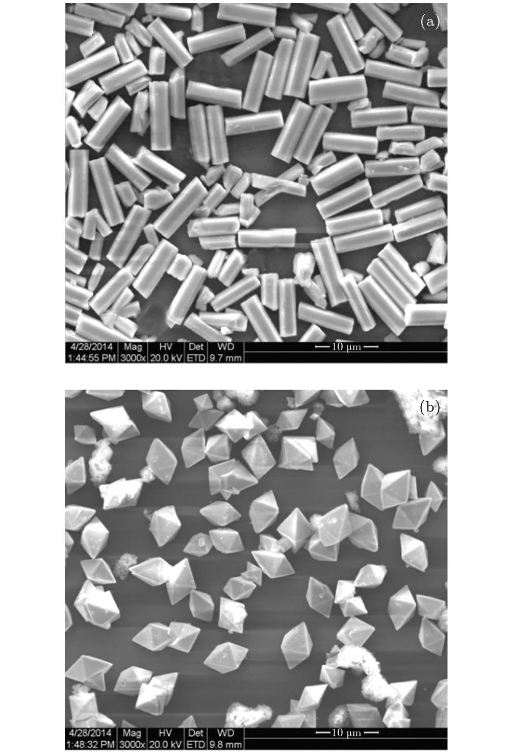 The SEM images of (a) NaYF4:20%Yb3+/2%Ho3+ and (b) LiYF4:20%Yb3+/2%Ho3+ microcrystals.(a) NaYF4:20.0%Yb3+/2.0%Ho3+微米晶体和(b) LiYF4:20.0%Yb3+/2.0%Ho3+微米晶体的SEM图谱