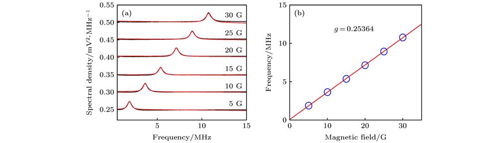 Magnetic-field dependent spin noise spectrum in cell 1: (a) Spin noise spectrum (black lines) and fitting curve (red lines) versus the magnetic fields; (b) dependence of center frequency of spin noise spectrum on magnetic fields. The blue circles are the experimental data. The red line is the fitting curve. The laser is detuned ΩD2 = + 600 MHz from the D2 transition (62S1/2(F = 4) → 62P3/2). The laser power P = 500 μW. The temperature of atomic cell is 296 K.气室1中磁场相关的自旋噪声谱 (a)不同磁场下的自旋噪声谱(黑线)和拟合曲线(红线); (b)自旋噪声谱中心频率(蓝圆圈)与外场关系图, 以及拟合曲线(红线); 激光失谐频率ΩD2 = + 600 MHz于D2线(62S1/2 (F = 4) → 62P3/2), 激光功率为P = 500 μW, 原子气室温度T = 296 K