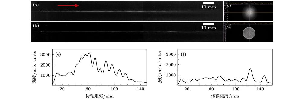 Fluorescence image ((a), (b)) and the on-axis intensity ((e), (f)) of the filament formed by Gaussian beam ((a), (e)) and flattened beam ((b), (f)) respectively, with an incident energy of 672 μJ; the intensity distributions in the cross sections of (b) Gaussian beam and (d) flattened beam. The inset arrow indicates the laser propagation direction.