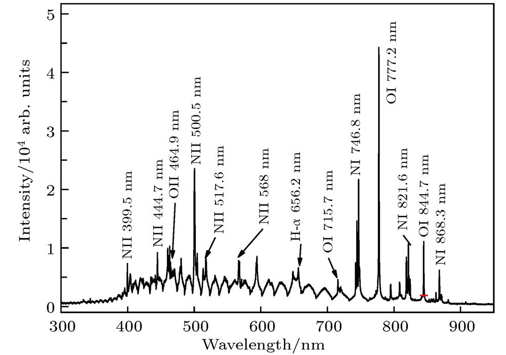 The optical emission spectroscopy of the air plasma (air pressure of 100 kPa).