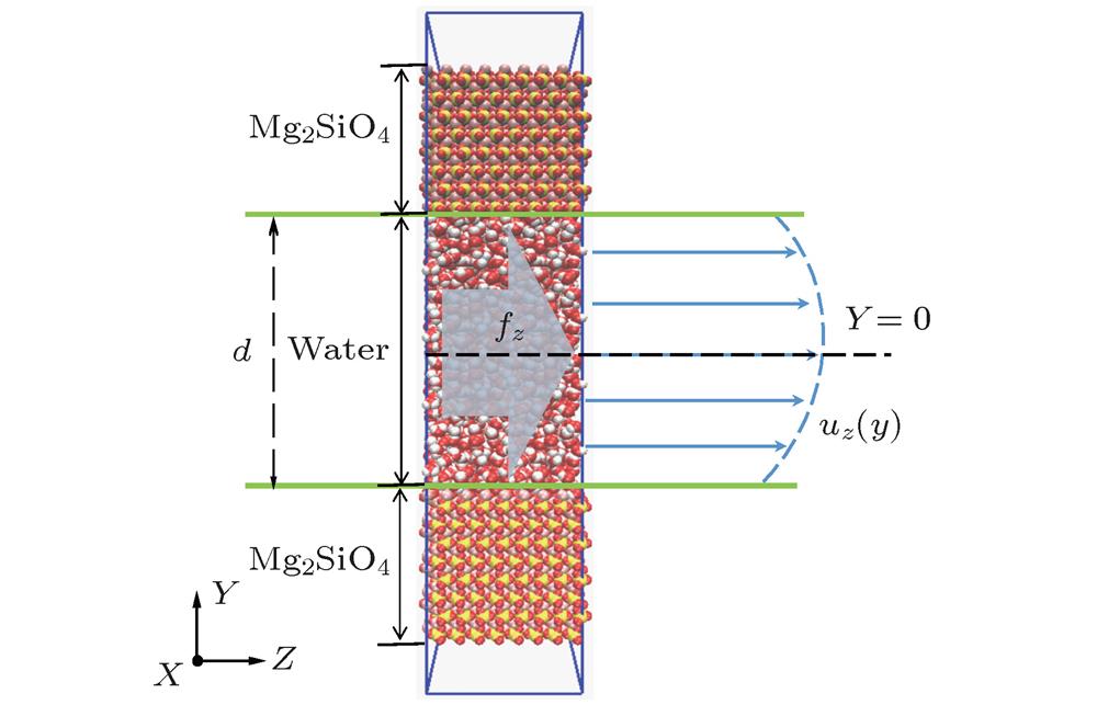 The simulation system of water solution flow in the forsterite nanopore.