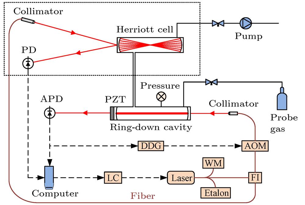System schematic diagram of WM-DAS and CW-CRDS. LC, laser current and temperature controller; FI, fiber isolator; AOM, acousto-optic modulator; APD, avalanche photodiode; PD, photodiode; DDG, digital delay generator; PZT, piezoelectric transducer; WM, wavelength meter.